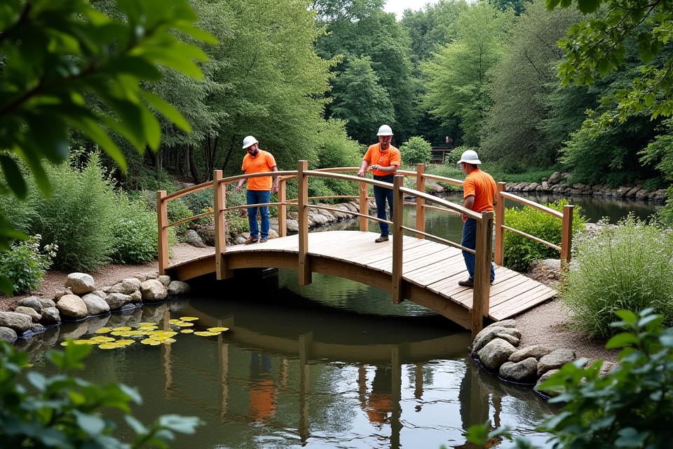 Installation einer Teichbrücke im Garten