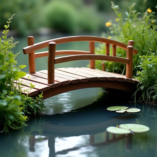 Handgefertigte Gartenbrücke aus Holz über Teich