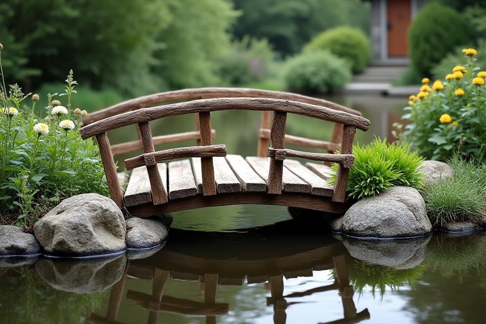 Teichbrücke mit Naturstein-Widerlagern und Bepflanzung